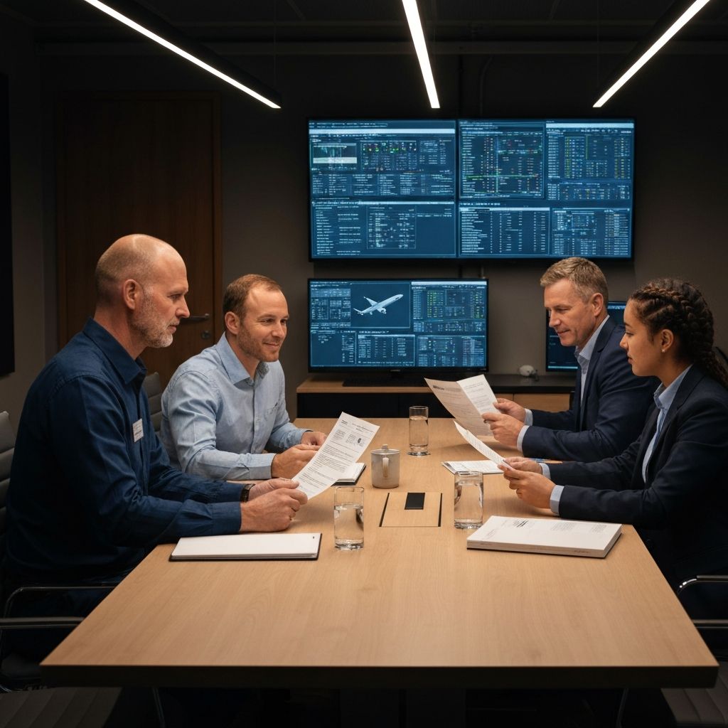Aviation team reviewing aircraft documentation in a meeting