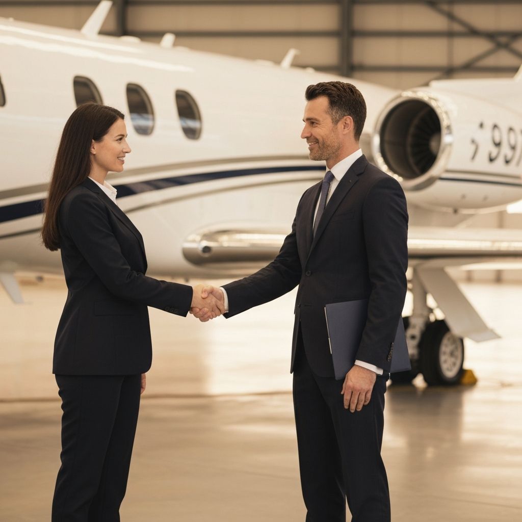 Professional handshake in a private aviation setting