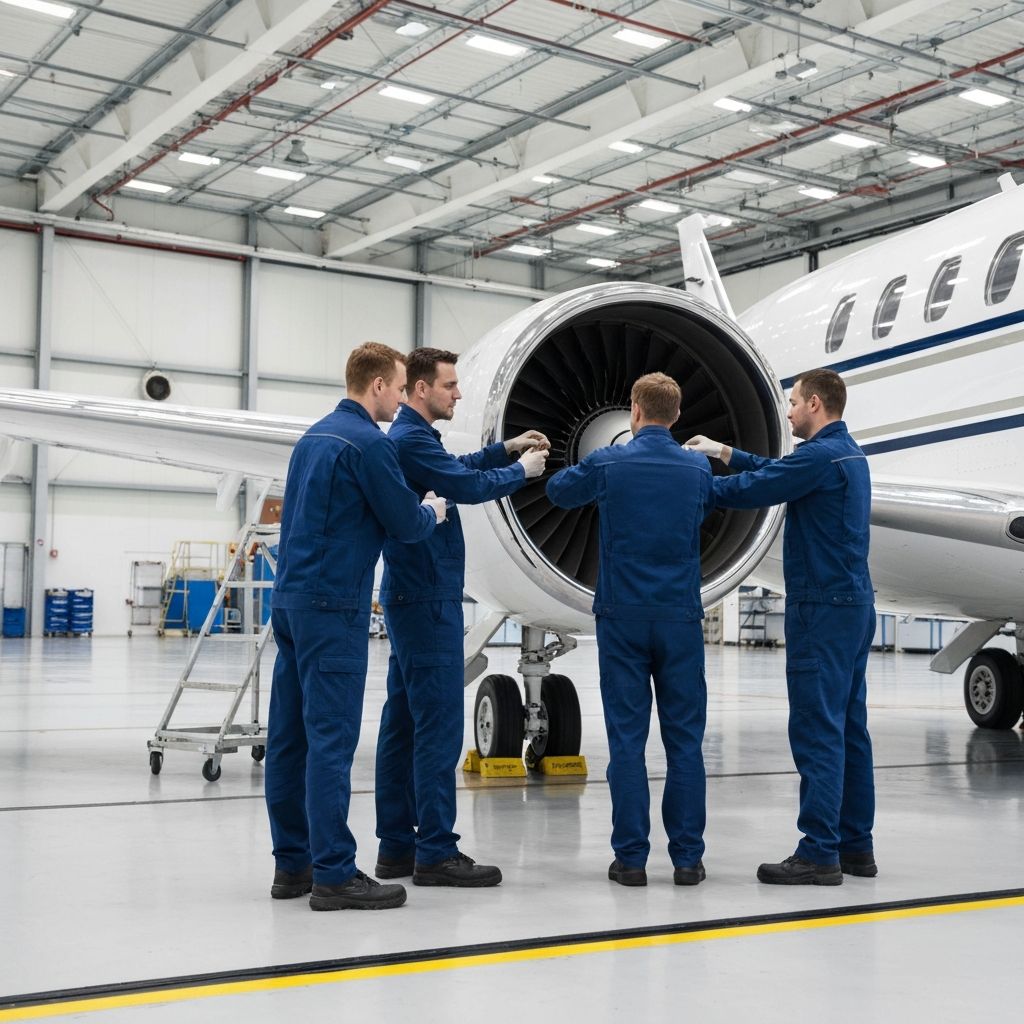 Professional aviation maintenance team working on a private jet